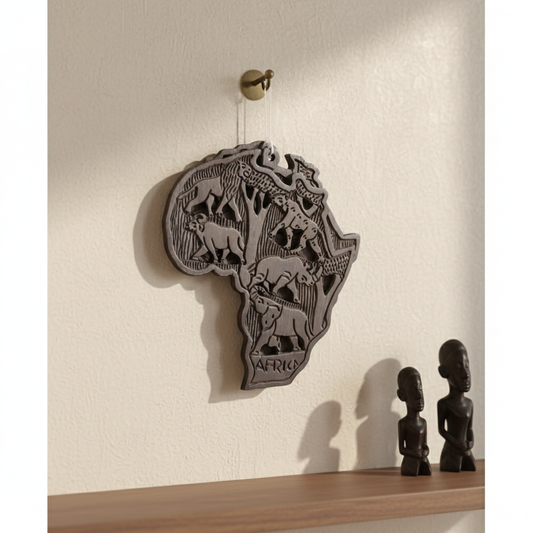 Dark ebony wood African map carving with embossed lion, leopard, rhino, elephant, and buffalo, 32 cm.