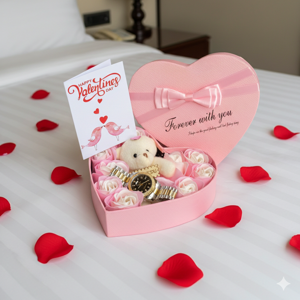 Ladies Valentine Heart Gift Set with Watch and Roses