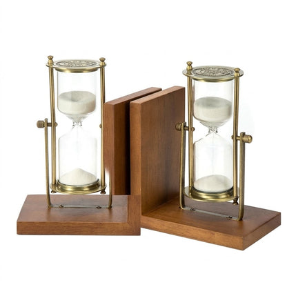 Vintage Wooden L-Shaped Bookends with Rotating Hourglass