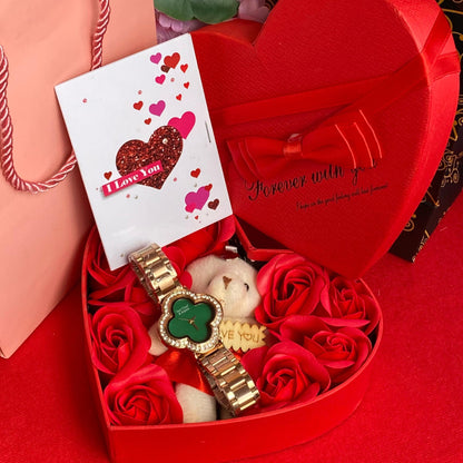 Ladies Valentine Heart Gift Set with Watch and Roses