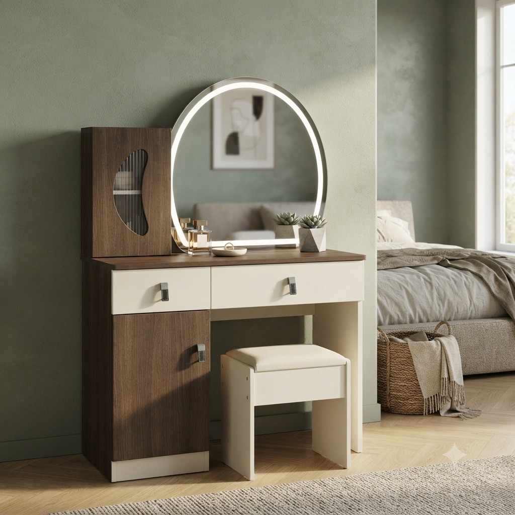 Wooden Dressing Table Stool and Storage Cabinet