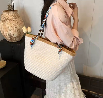 Woven cotton rope straw bag with zipper