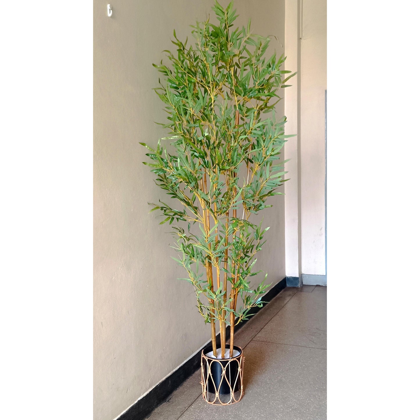 190cm Bamboo plant with metallic vase and pebbles