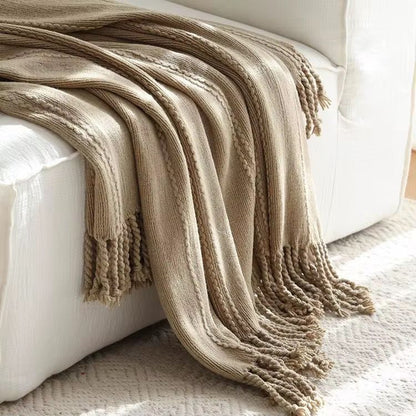 Tasseled Knit Throw Blanket for Sofa and Bed