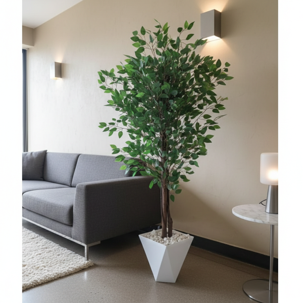 Artificial Ficus Tree with Geometric Vase and Pebbles