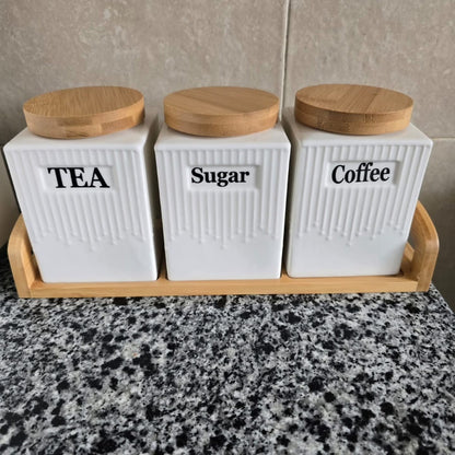 3Pc Ceramic Canister Set with Bamboo Tray