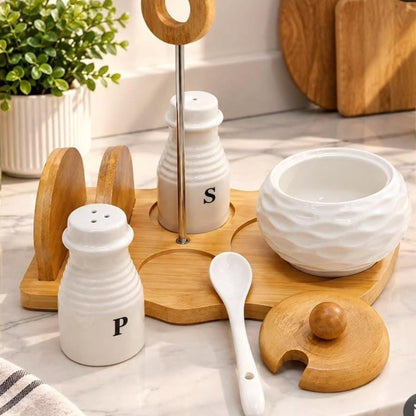 Ceramic Salt Pepper Sugar Dish And Serviette Holder Set