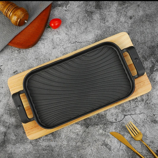 Rectangular Cast Iron Sizzling Grill Pan with Wooden Base