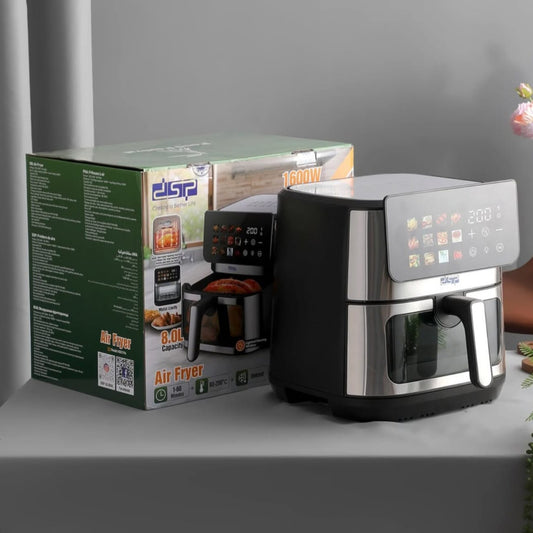 Large 10.0L black and silver digital air fryer with color LED display, lighted viewing window, and dual 1600W heating.