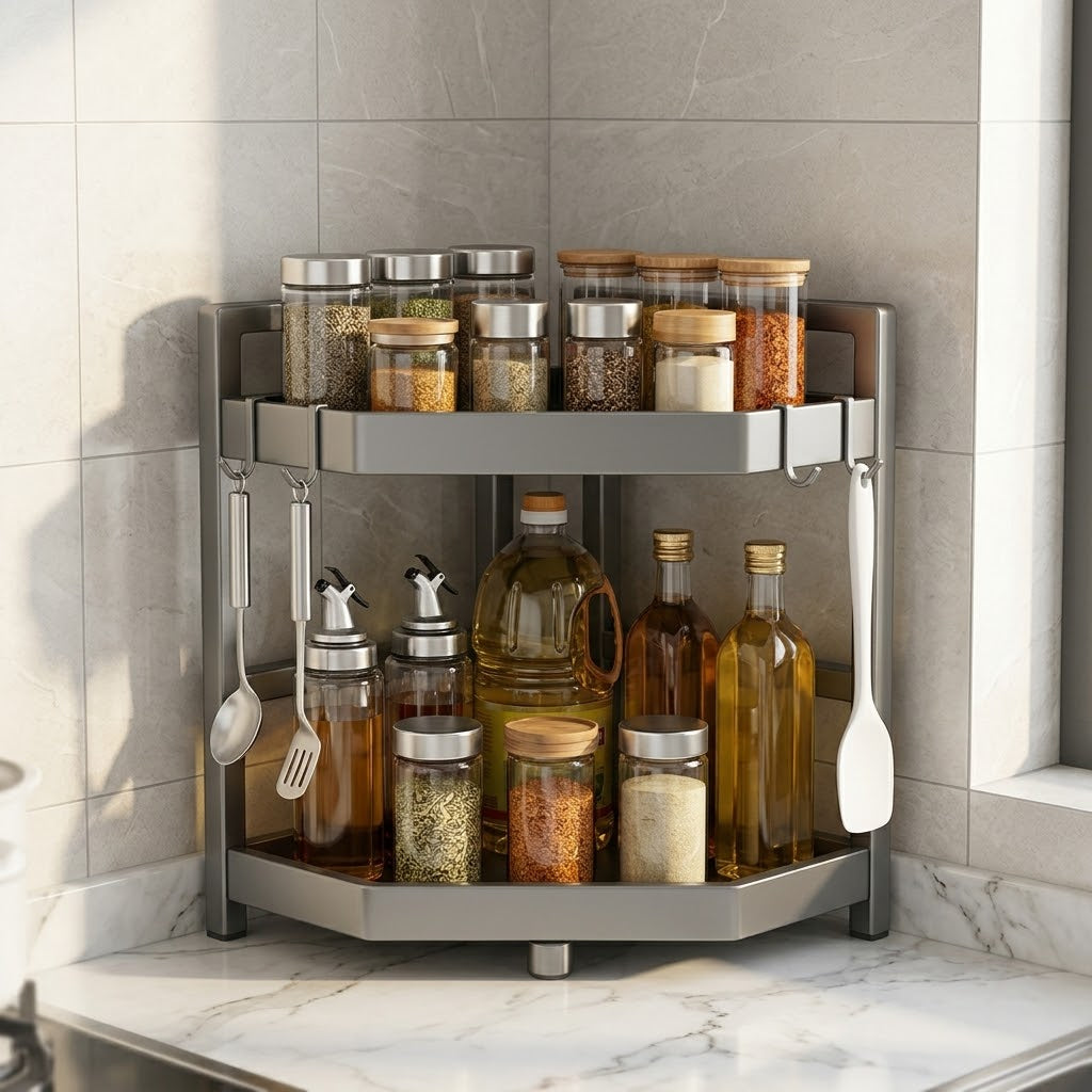2 Tier Countertop Kitchen Corner Storage Spice Rack