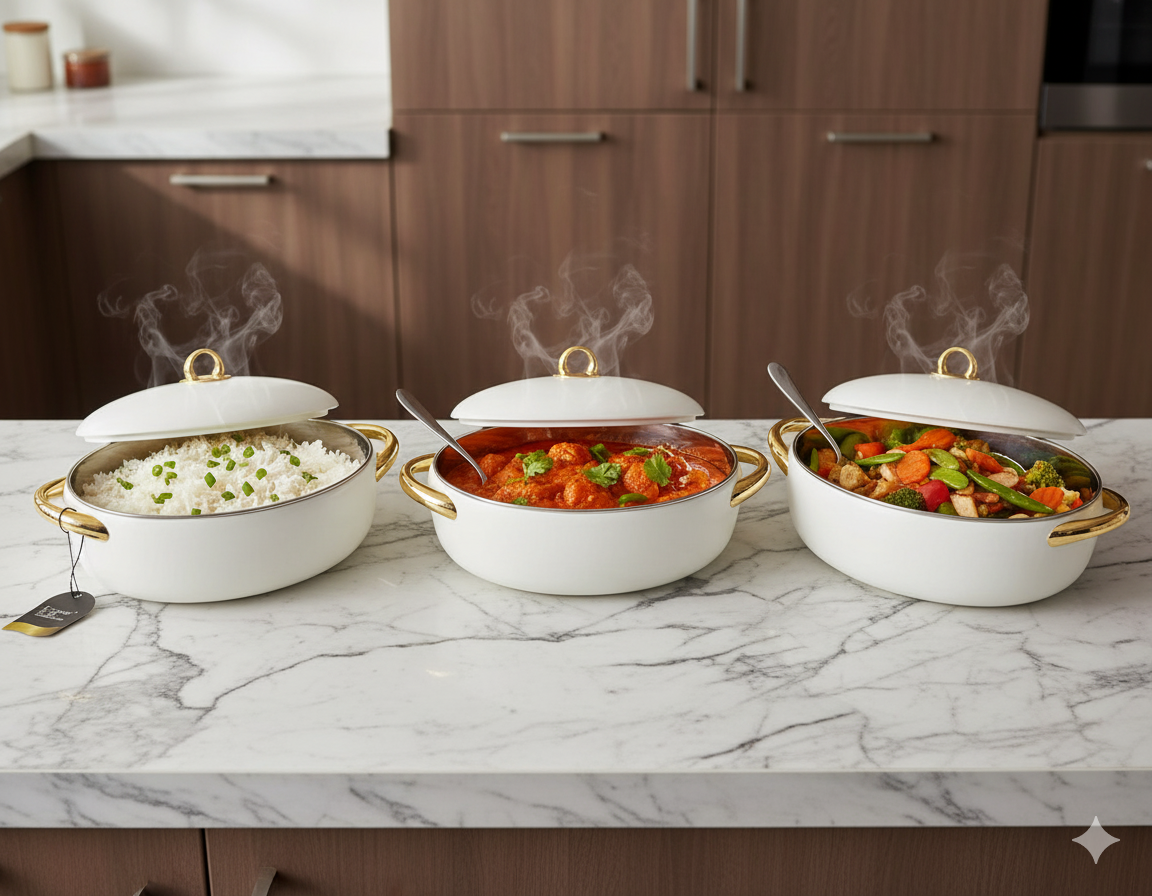 Set of three white oval insulated hotpots