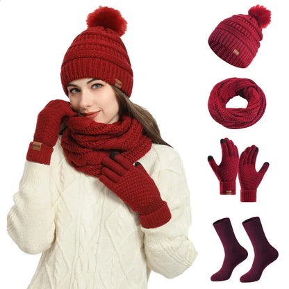4 Piece Winter  Beanie Hat Scarf Gloves Set