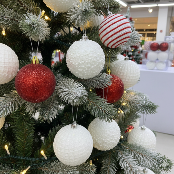 2 Large Textured White Glittering Red Christmas Balls Ornaments 10cm