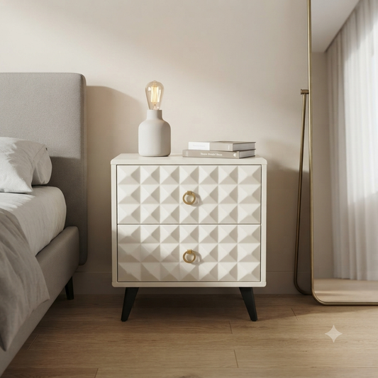 White Textured Two Drawer Bedside Table