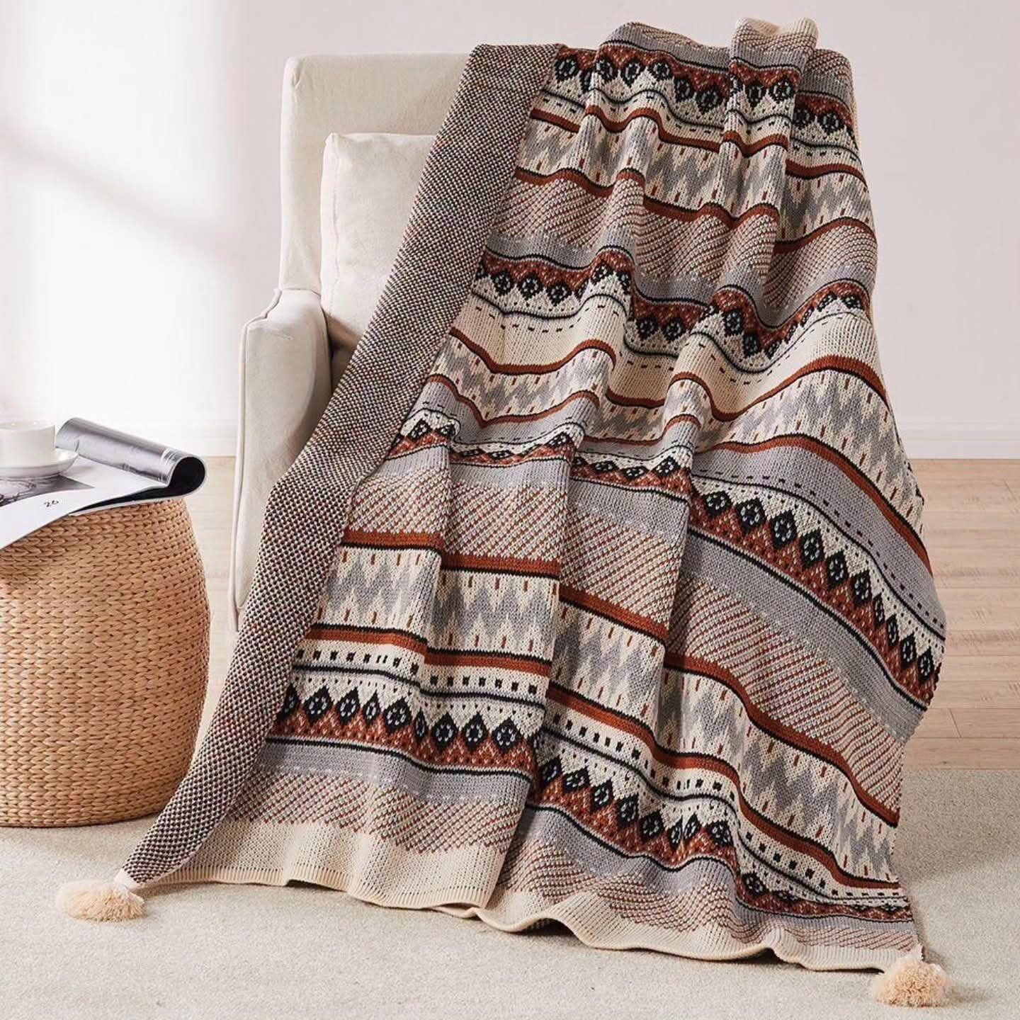 Bohemian Knitted Throw Blanket with Tassels