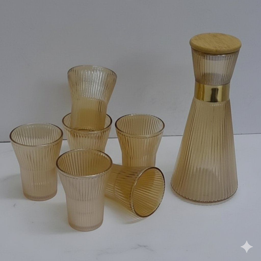 Stripe Style Glass Carafe and Tumbler Glasses Set, 6 Ribbed Glasses With Pitcher