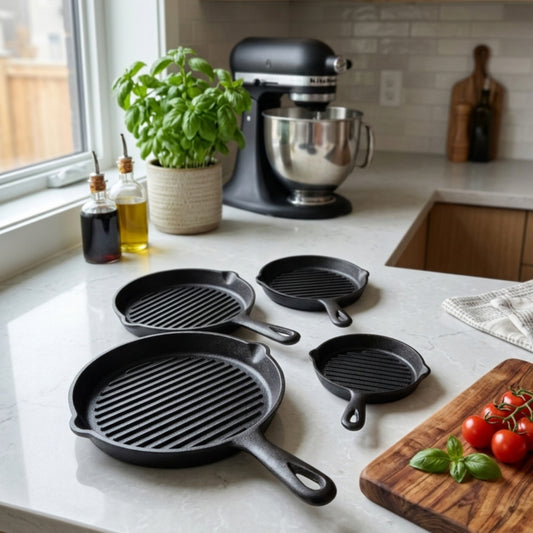 4-Pc Pre-seasoned Cast Iron Ribbed Skillet Grill Pan Set