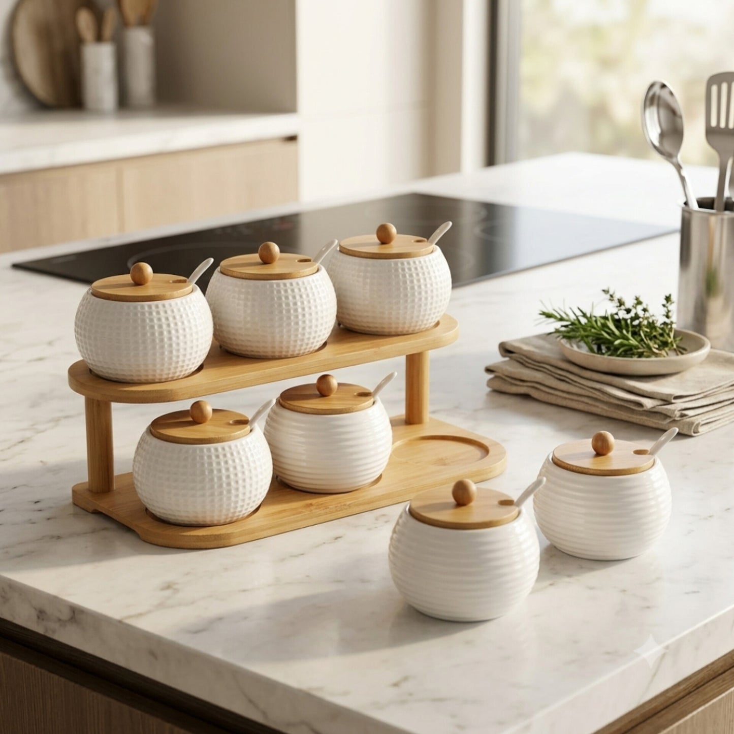 A set of six white ceramic spice jars with textured ribbing, light natural wood lids, and small metal spoons.