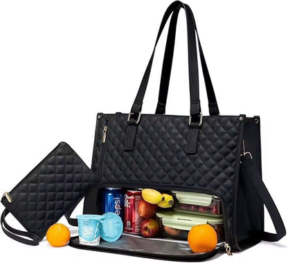 Quilted Large Capacity Laptop Tote Bag with Insulated Lunch Compartment