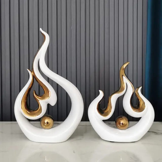 Modern Abstract Flame Ceramic Sculpture Set with Gold Accents (2 Piece)
