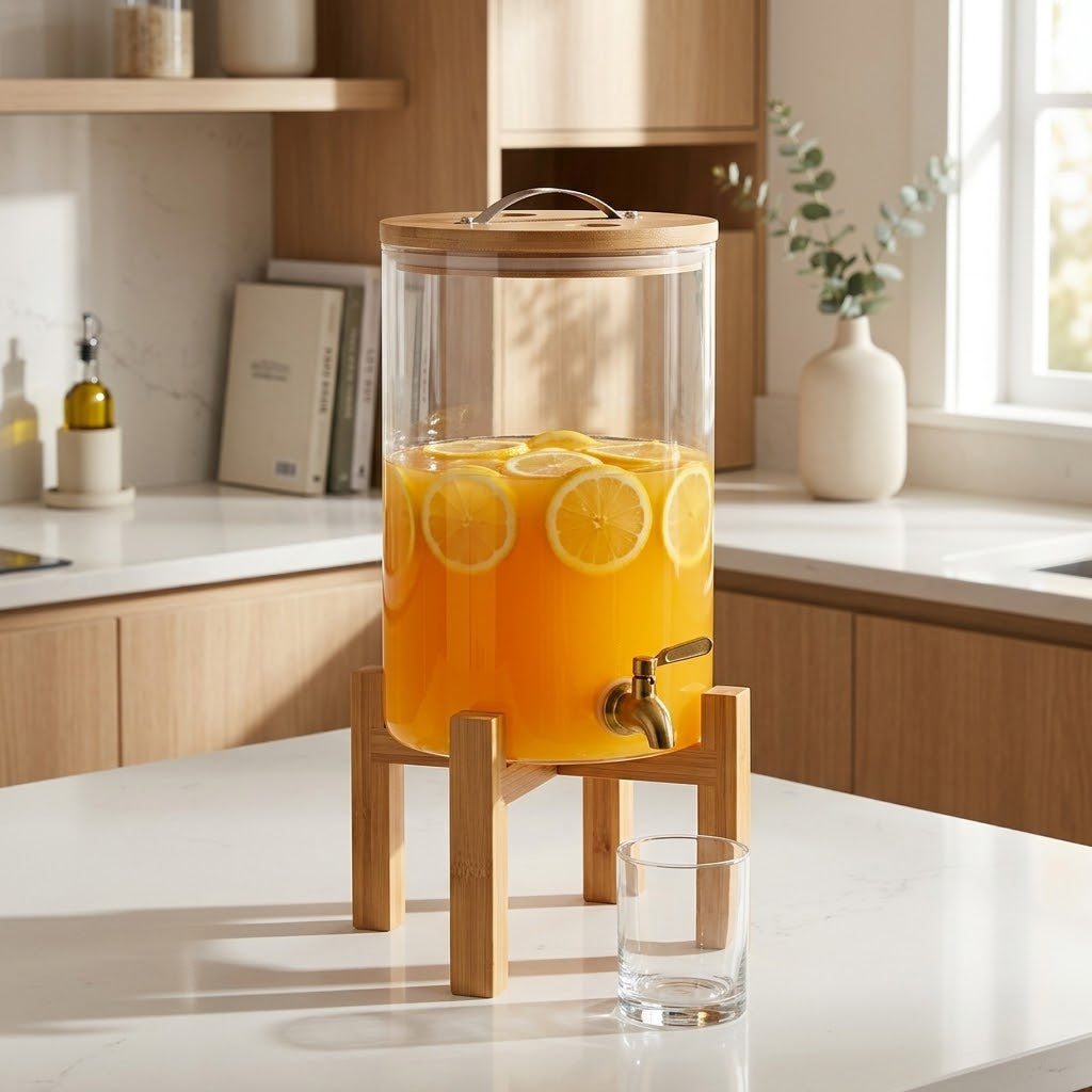 8L Glass Juice and Beverage Dispenser with Bamboo Stand