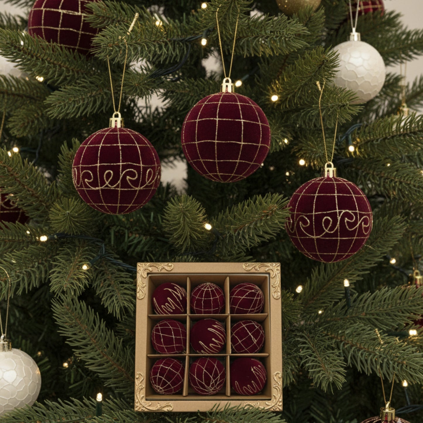 9 Piece Velvet Maroon Christmas Balls  Ornaments 8Cm
