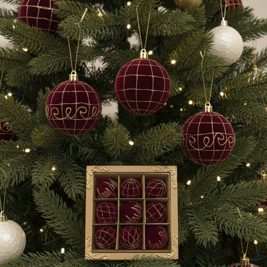 9 Piece Velvet Maroon Christmas Balls  Ornaments 8Cm