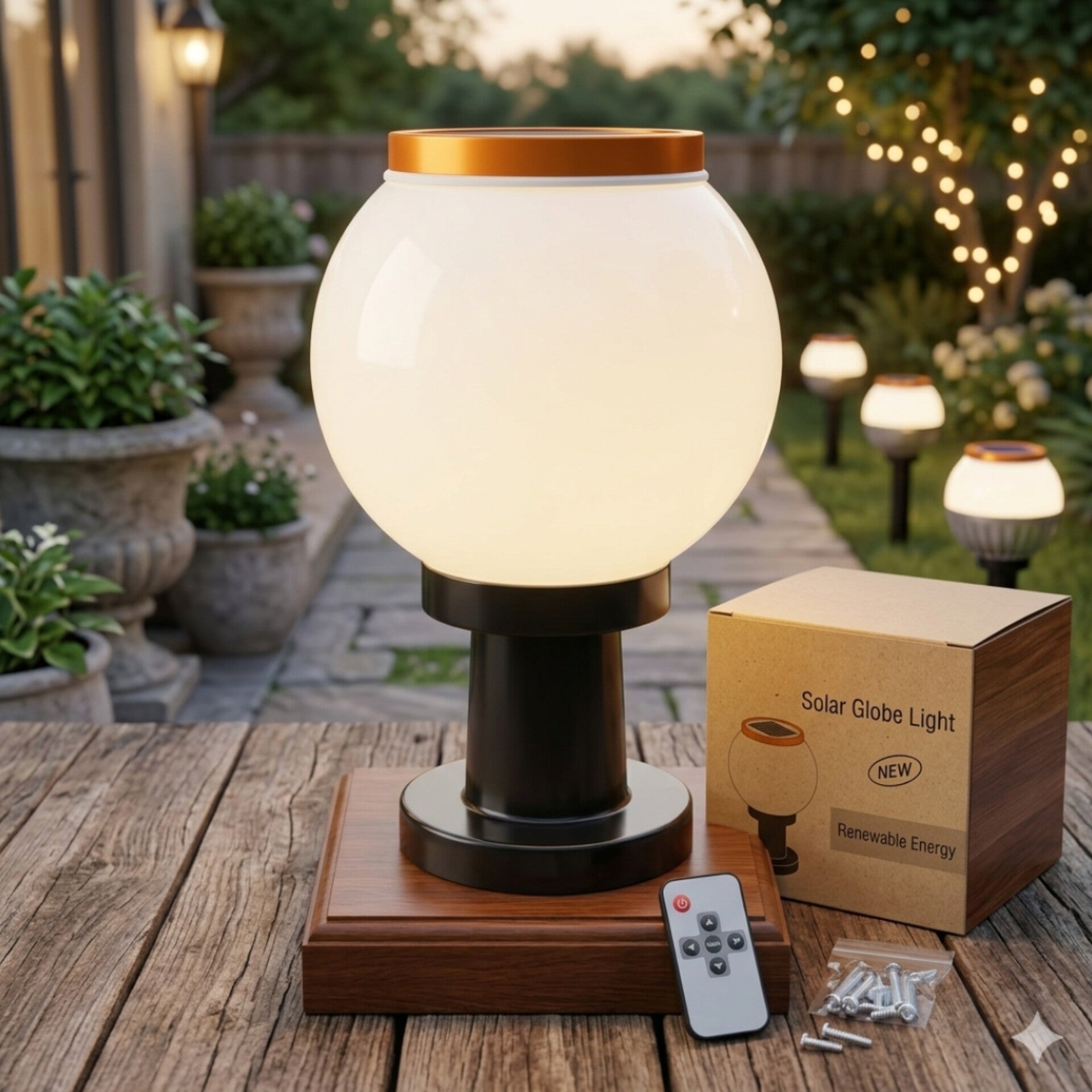 Solar powered lawn and garden light.