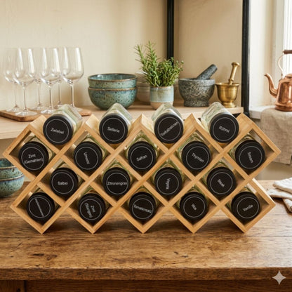Wooden Spice Rack with 18 Glass Jars and Pre-labelled Sticker Sheet Gha