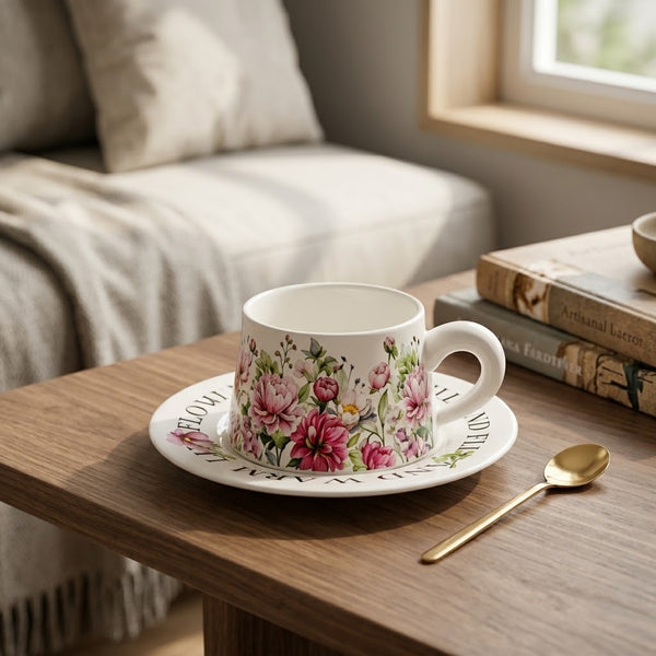 300ml  Flower Ceramic Coffee Cup and Saucer Set