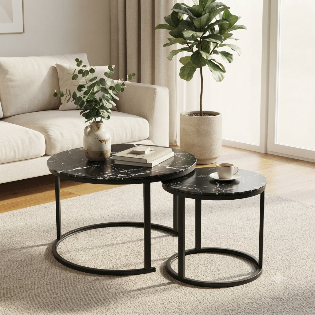 Black Marble Glass Nesting Coffee Tables