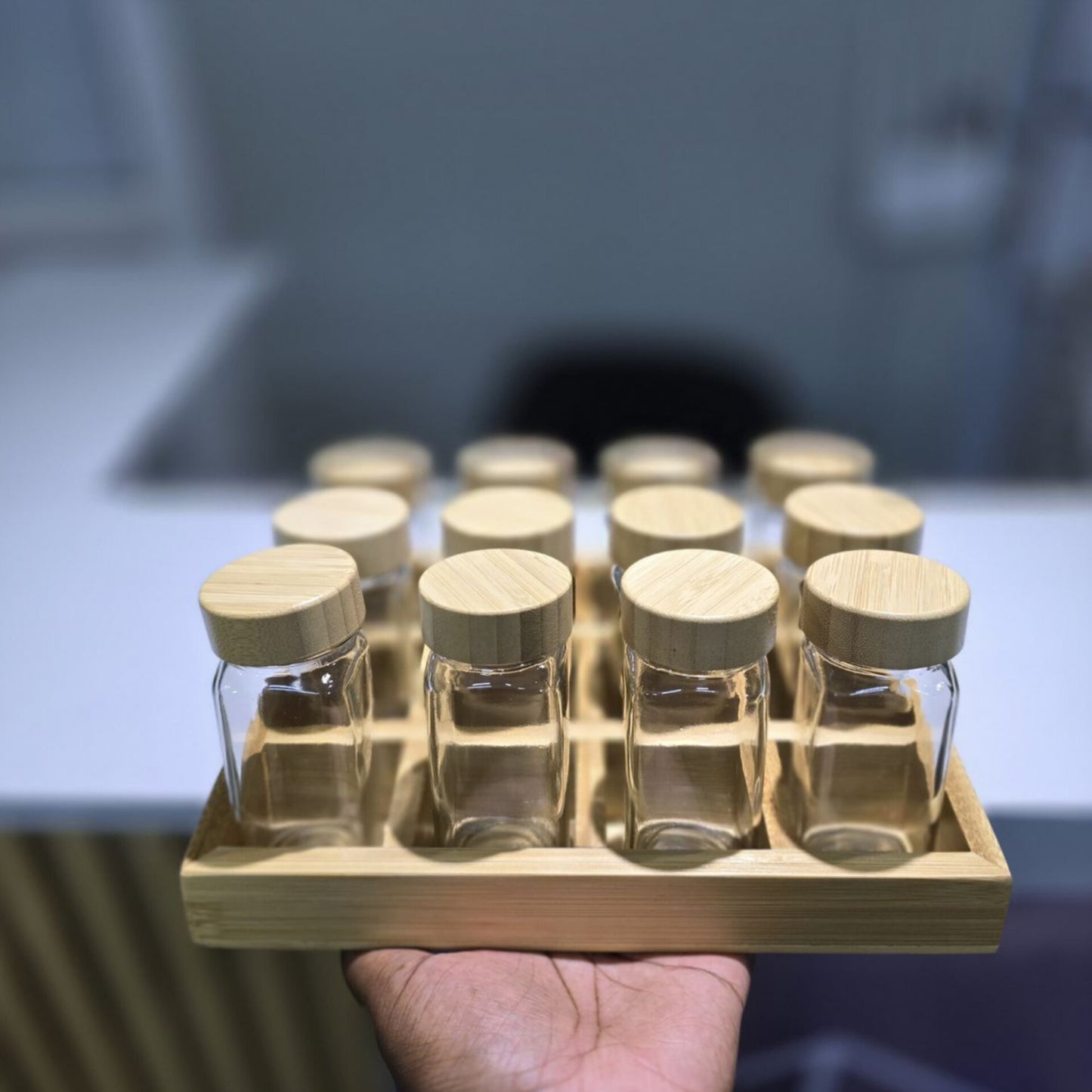 12 Pcs Spice Jar Set with Square Bamboo Rack