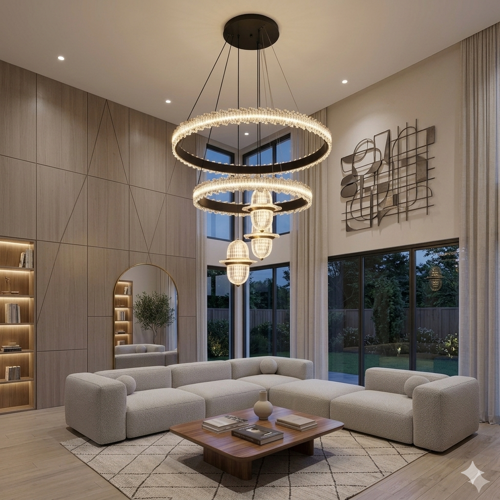 Tiered Circular Ring and Pendant Chandelier Lamp