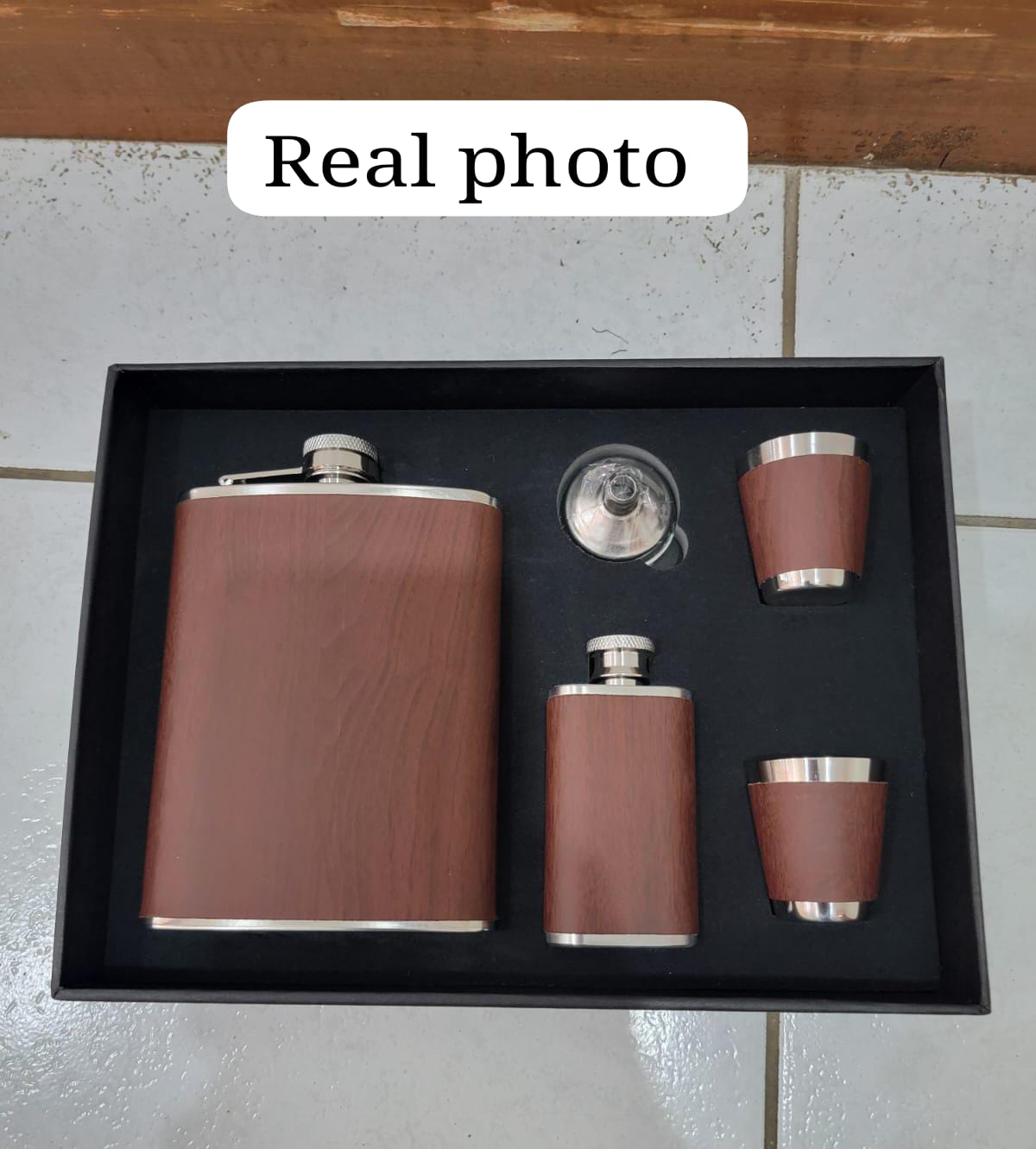 Brown Leather Covered Whiskey Flask Gift Set