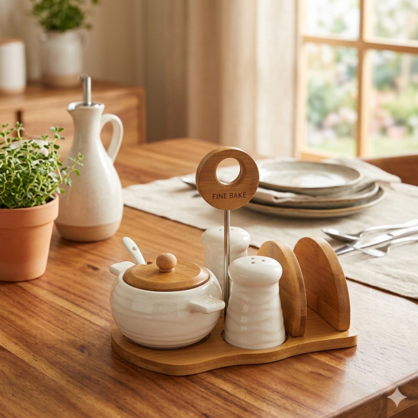 Ceramic and Bamboo Tabletop Condiment and Serviette Set