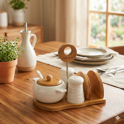 Ceramic and Bamboo Tabletop Condiment and Serviette Set