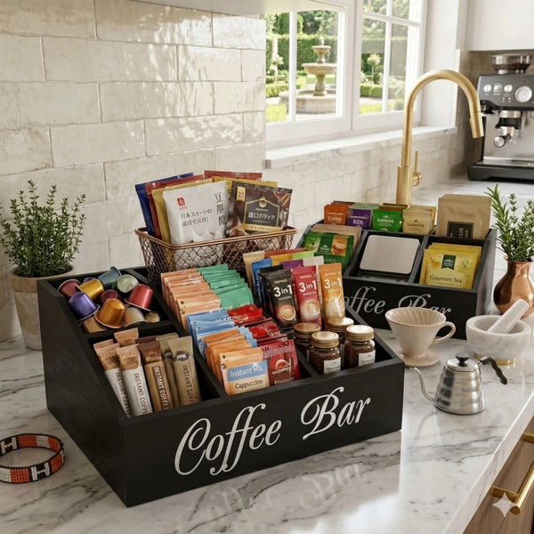 5 Compartment Wooden Coffee Bar Organizer