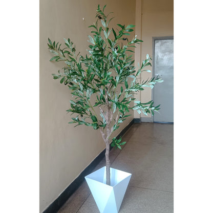 A tall artificial olive tree with green leaves