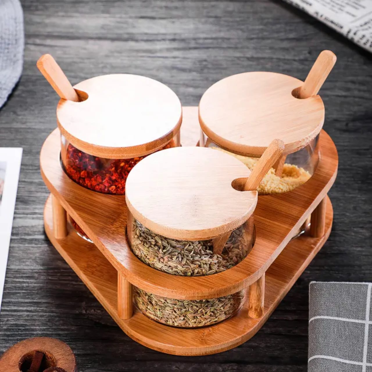 3pc glass spice containers with bamboo holder
