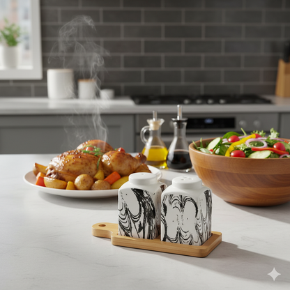 3 in 1 Salt and pepper shaker with bamboo holder tray