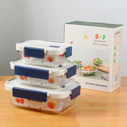 3Pcs Glass Food Storage Lunch Box Containers
