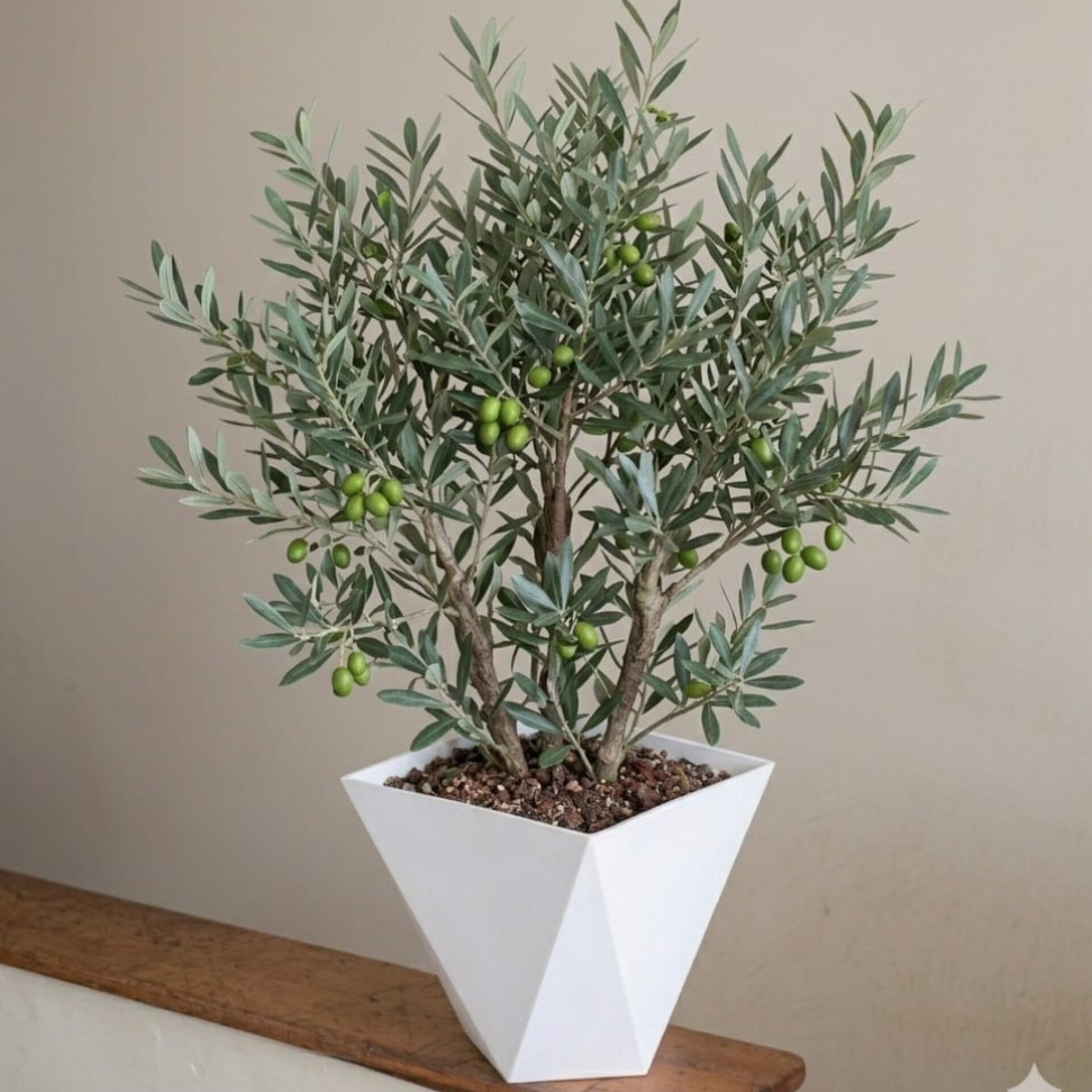 A solid white plastic container with a unique geometric design. The container has a wide square opening at the top and tapers downward with sharp, angular, diamond-like facets that create a multi-dimensional look. 