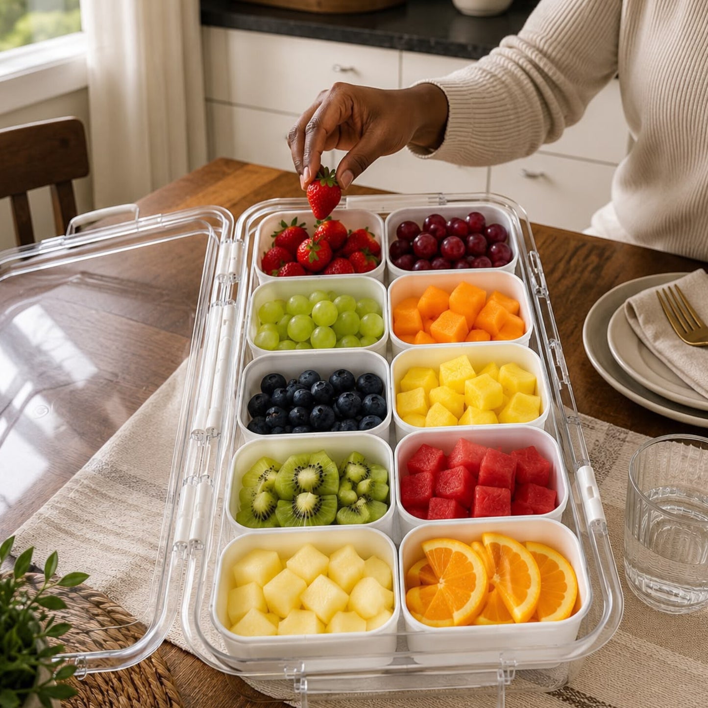 10 Compartment Clear Fridge Storage Box with Lid and Handle
