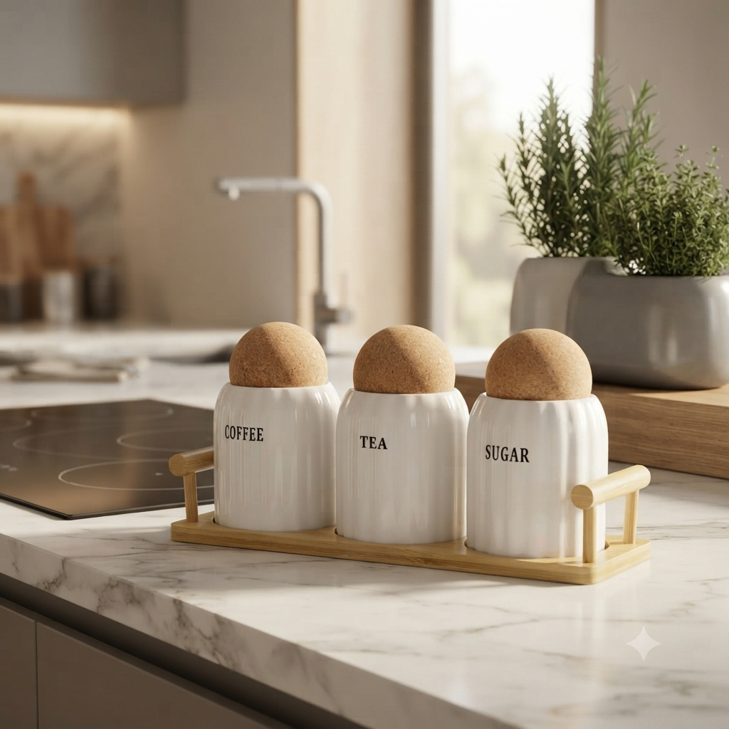 3Pc Ceramic Sugar Tea Coffee Canister Set