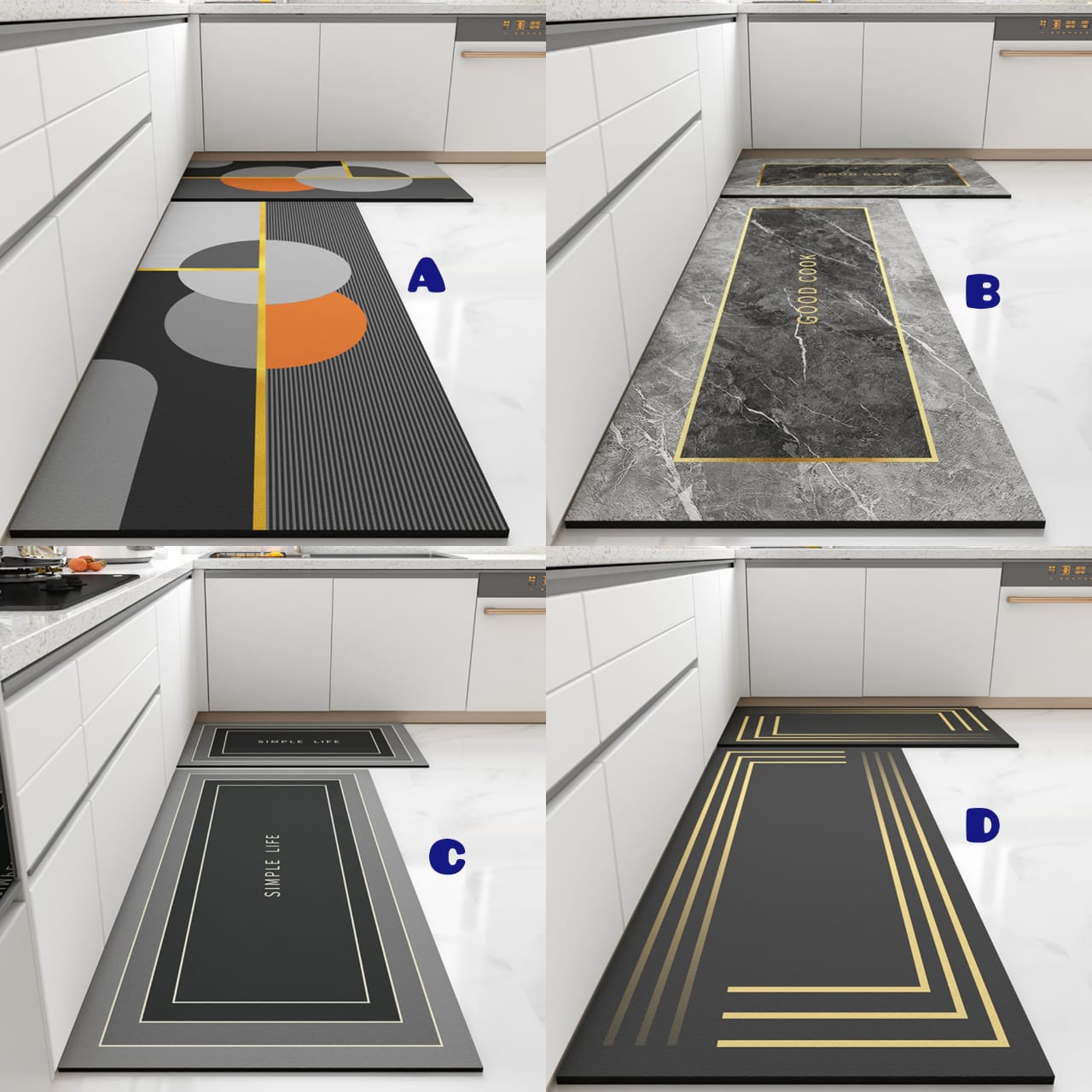 Two-piece set of anti-slip, diatomite rubber kitchen mats