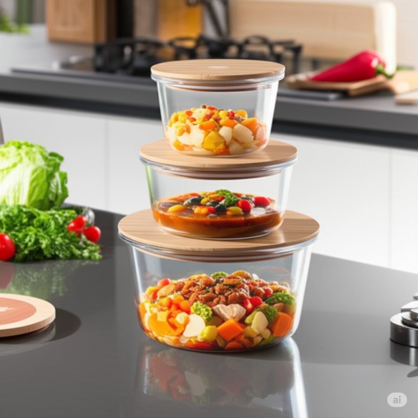 3Pc Round food containers with bamboo lid