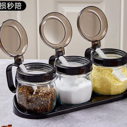 3pc Glass Condiment Set With Flip Top Black Lid And Tray