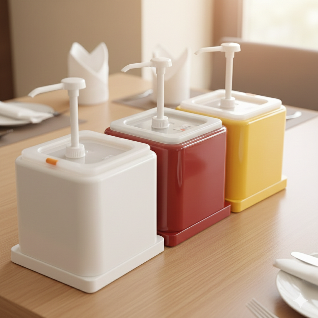 Large Hotel Ketchup Dispenser with Pump White Yellow Red 