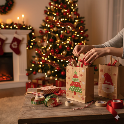 Set of 4 Christmas Gift Bags Kraft Paper