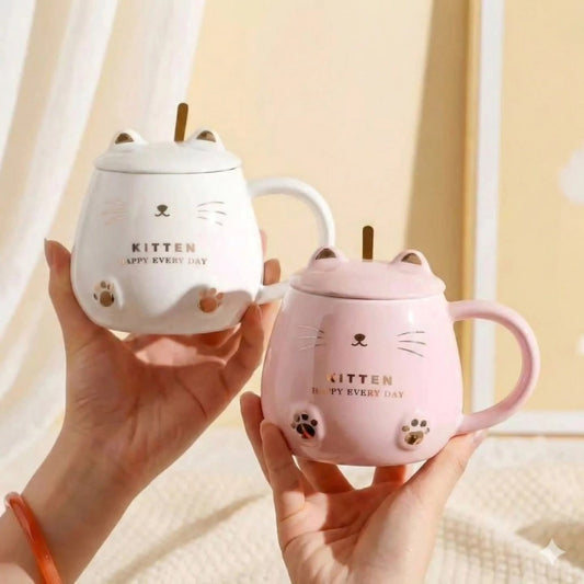 Set of 2 Ceramic Kitten Mug with Spoon